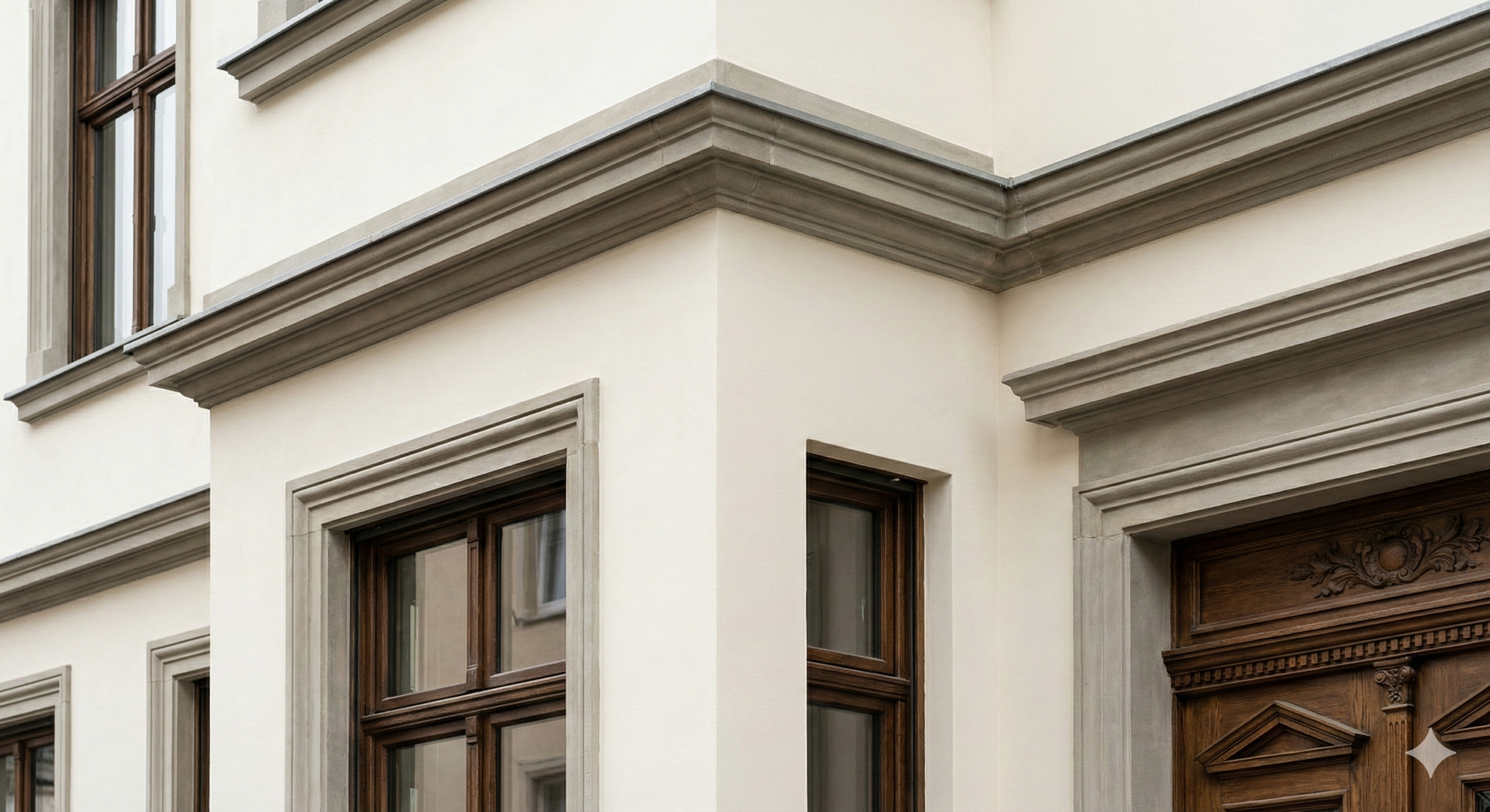 Beautifully restored building facade, featuring fresh premium paint, crisp architectural lines and decorative moldings